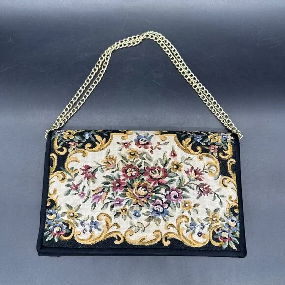 Vintage Handbag 1970s Floral Tapestry Evening Purse Gold Chain Strap Hong Kong - Picture 2 of 12
